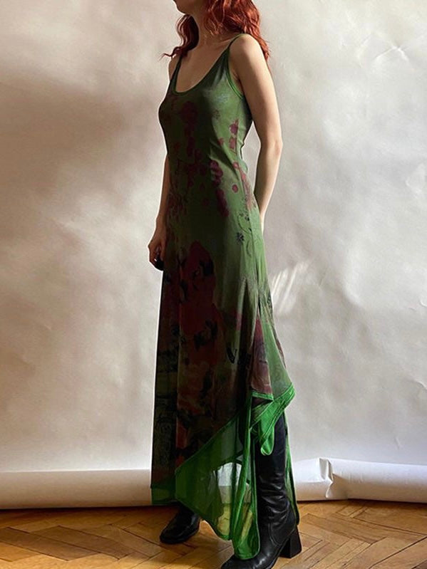 Vintage Green Irregular Slip Long Dress - PAINEVIDA