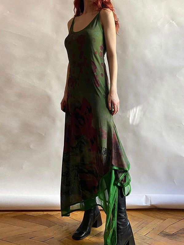 Vintage Green Irregular Slip Long Dress - PAINEVIDA