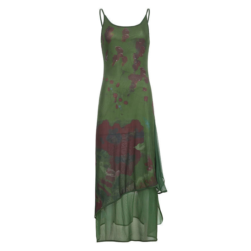 Vintage Green Irregular Slip Long Dress - PAINEVIDA