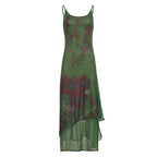 Vintage Green Irregular Slip Long Dress - PAINEVIDA