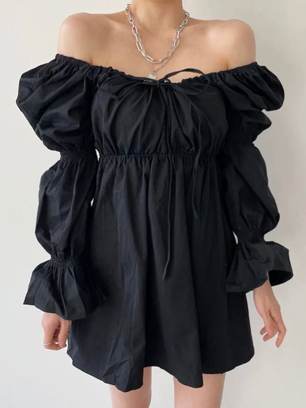 Gathered Drawstring Bell Sleeve Dress by painevida