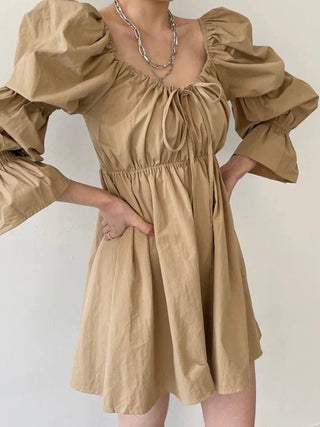 Gathered Drawstring Bell Sleeve Dress by painevida