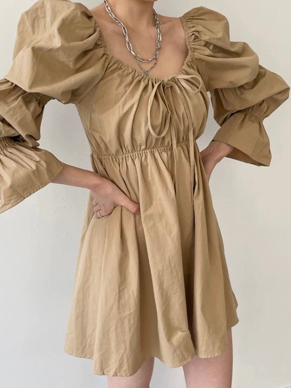 Gathered Drawstring Bell Sleeve Dress