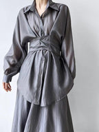 Cross Tie Waist Light Slik Shirt&Skirt 2-Pieces Set - PAINEVIDA