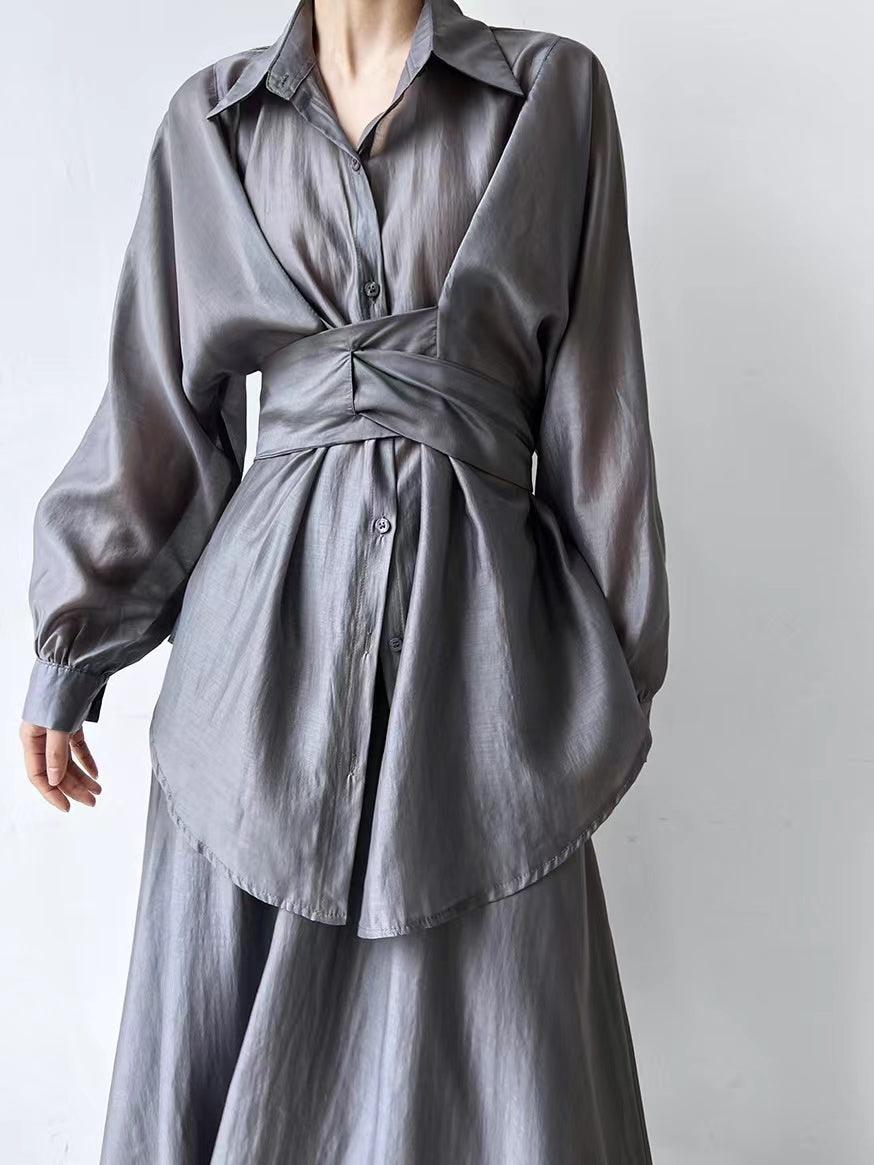 Cross Tie Waist Light Slik Shirt&Skirt 2-Pieces Set - PAINEVIDA