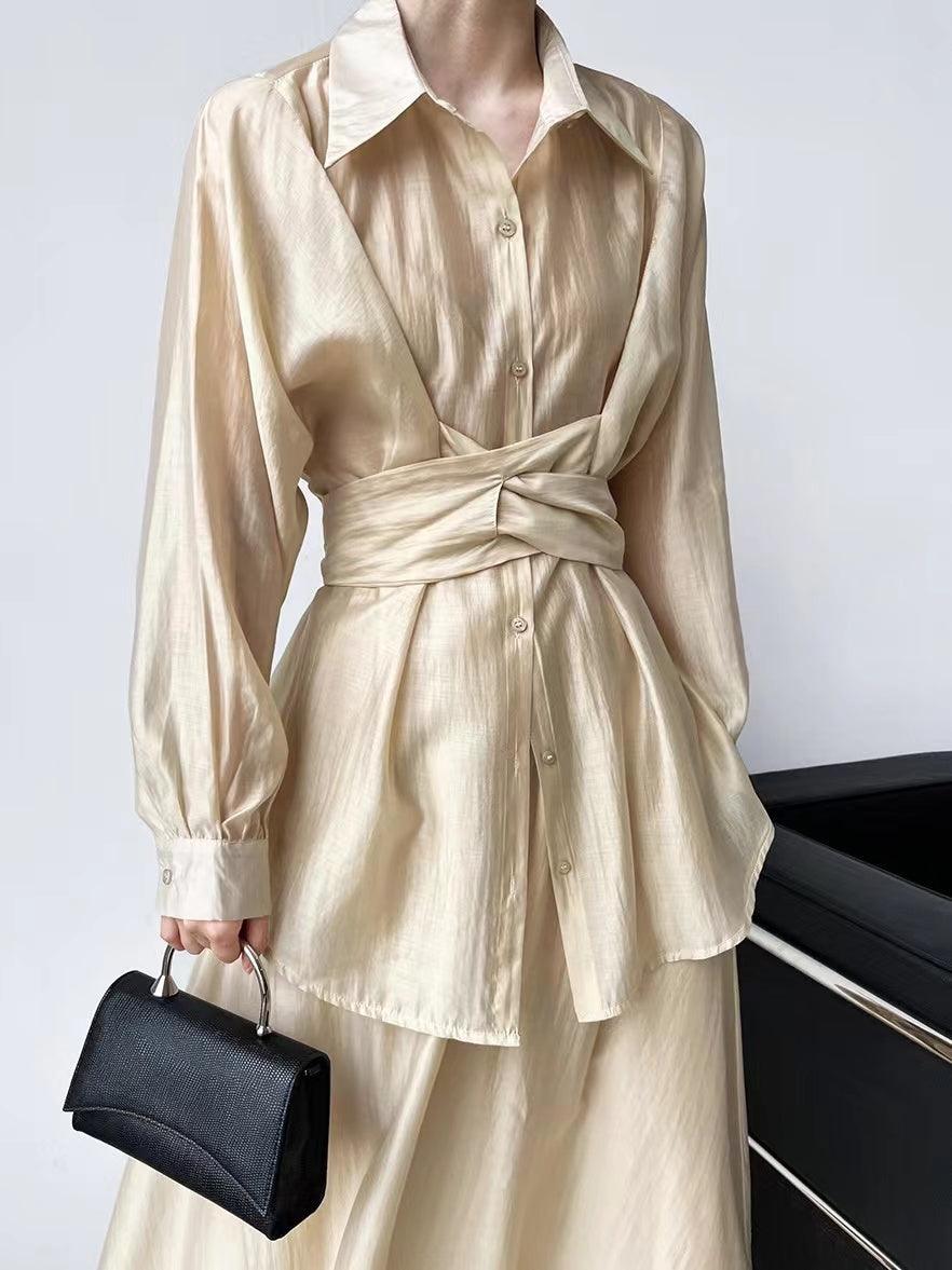 Cross Tie Waist Light Slik Shirt&Skirt 2-Pieces Set - PAINEVIDA