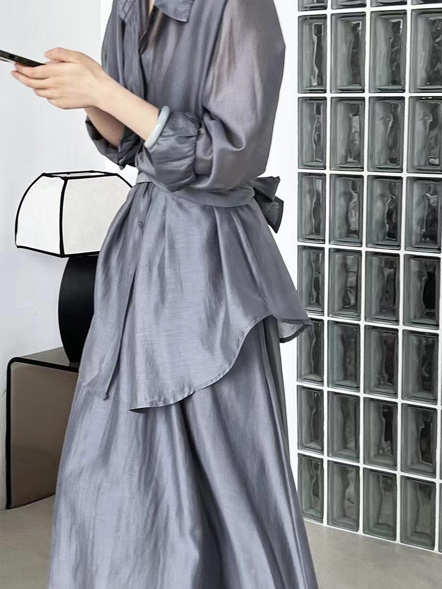 Cross Tie Waist Light Slik Shirt&Skirt 2-Pieces Set - PAINEVIDA