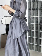 Cross Tie Waist Light Slik Shirt&Skirt 2-Pieces Set - PAINEVIDA