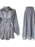 Cross Tie Waist Light Slik Shirt&Skirt 2-Pieces Set - PAINEVIDA