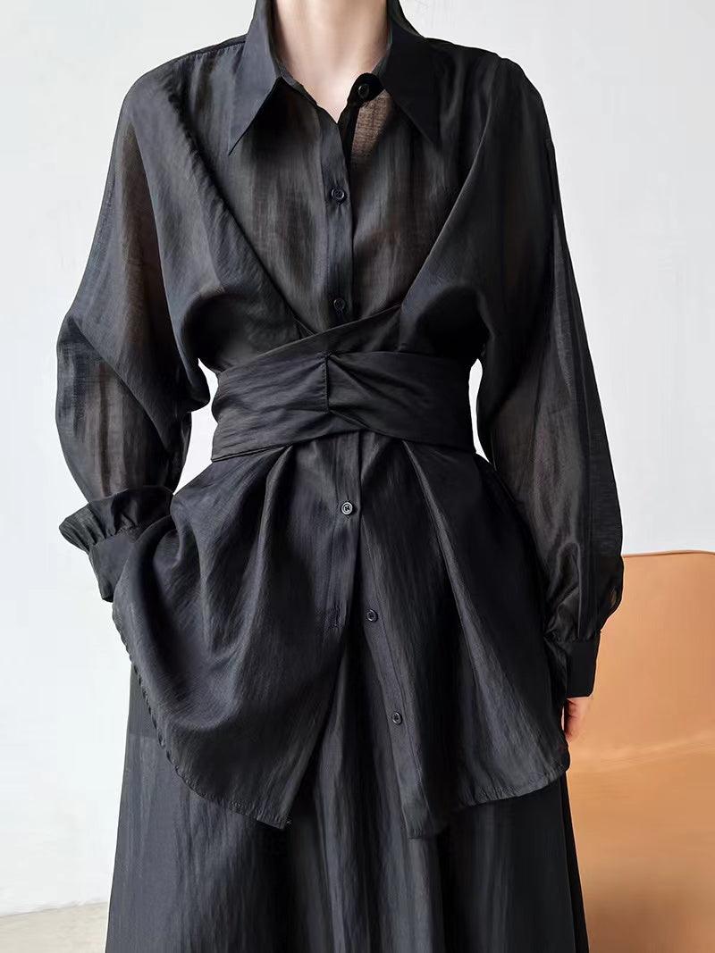 Cross Tie Waist Light Slik Shirt&Skirt 2-Pieces Set - PAINEVIDA