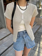 V-Neck Openwork Slit Knit Shirt - PAINEVIDA