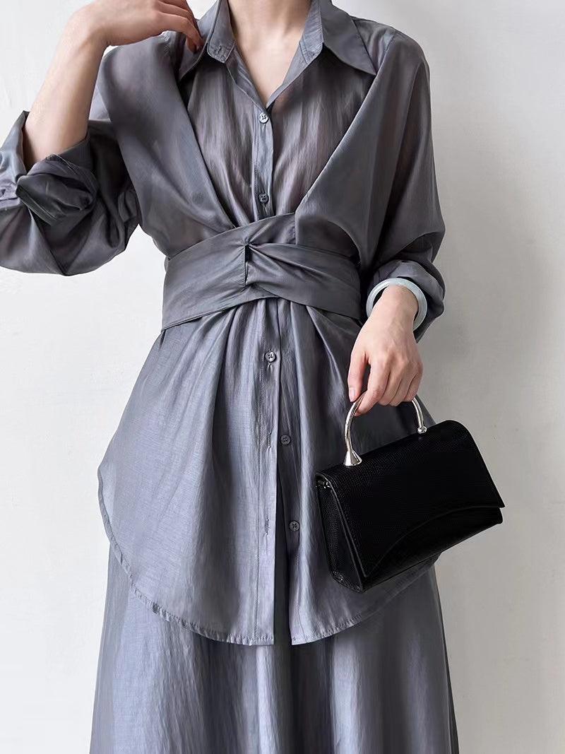 Cross Tie Waist Light Slik Shirt&Skirt 2-Pieces Set - PAINEVIDA