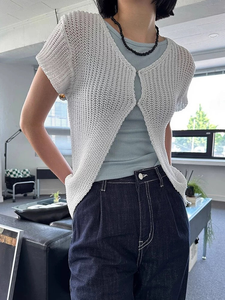 V-Neck Openwork Slit Knit Shirt - PAINEVIDA