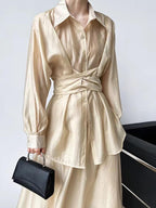 Cross Tie Waist Light Slik Shirt&Skirt 2-Pieces Set - PAINEVIDA