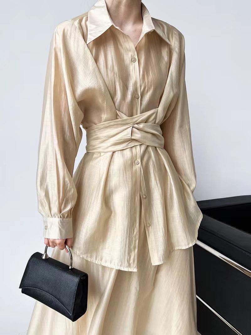 Cross Tie Waist Light Slik Shirt&Skirt 2-Pieces Set - PAINEVIDA