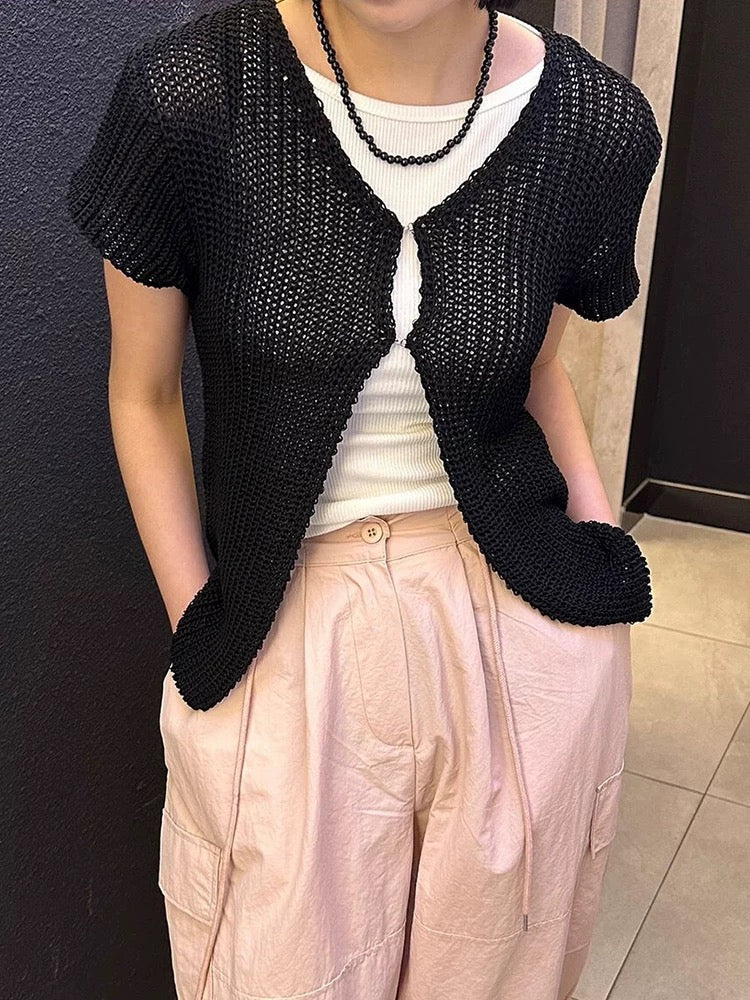 V-Neck Openwork Slit Knit Shirt - PAINEVIDA