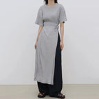 Round Neck Tie Waist Slit Long Shirt Dress - PAINEVIDA