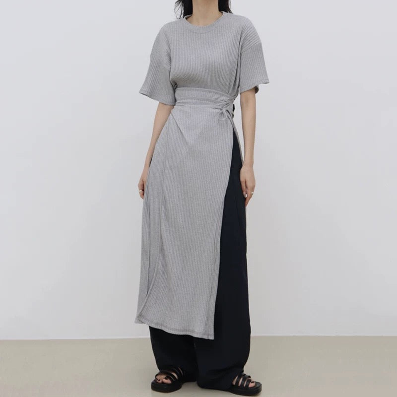 Round Neck Tie Waist Slit Long Shirt Dress - PAINEVIDA