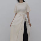 Round Neck Tie Waist Slit Long Shirt Dress - PAINEVIDA