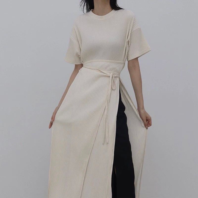 Round Neck Tie Waist Slit Long Shirt Dress - PAINEVIDA