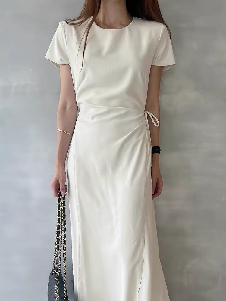 Round Neck Tie Waist Slit Dress - PAINEVIDA