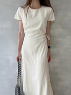 Round Neck Tie Waist Slit Dress - PAINEVIDA