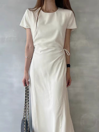 Round Neck Tie Waist Slit Dress - PAINEVIDA