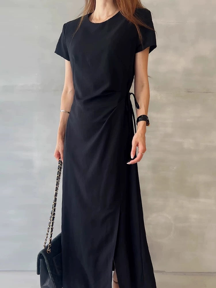 Round Neck Tie Waist Slit Dress - PAINEVIDA