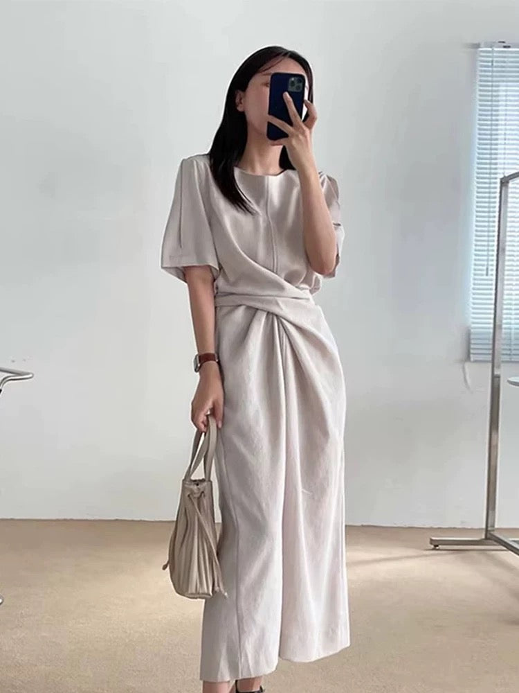 Round Neck Cross Tie Waist Fitted Short Sleeve Dress - PAINEVIDA