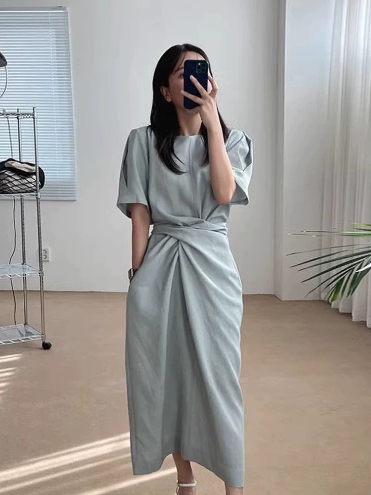 Round Neck Cross Tie Waist Fitted Short Sleeve Dress - PAINEVIDA