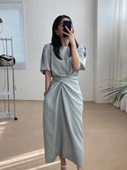 Round Neck Cross Tie Waist Fitted Short Sleeve Dress - PAINEVIDA
