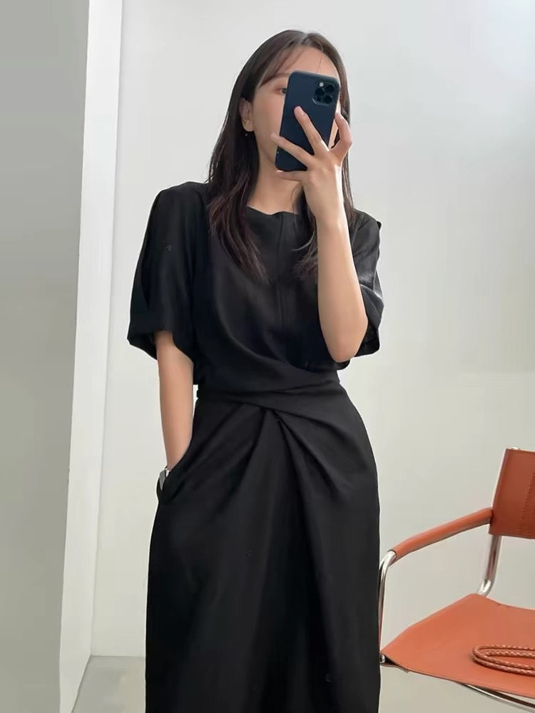 Round Neck Cross Tie Waist Fitted Short Sleeve Dress - PAINEVIDA