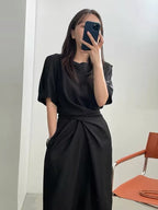 Round Neck Cross Tie Waist Fitted Short Sleeve Dress - PAINEVIDA