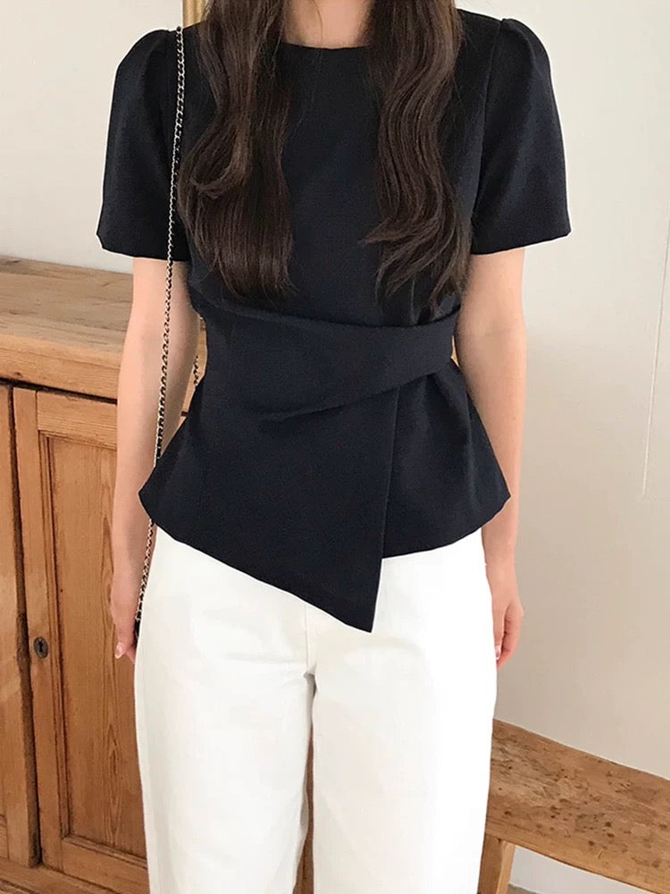 Irregularly Pleated Short-Sleeved Shirt