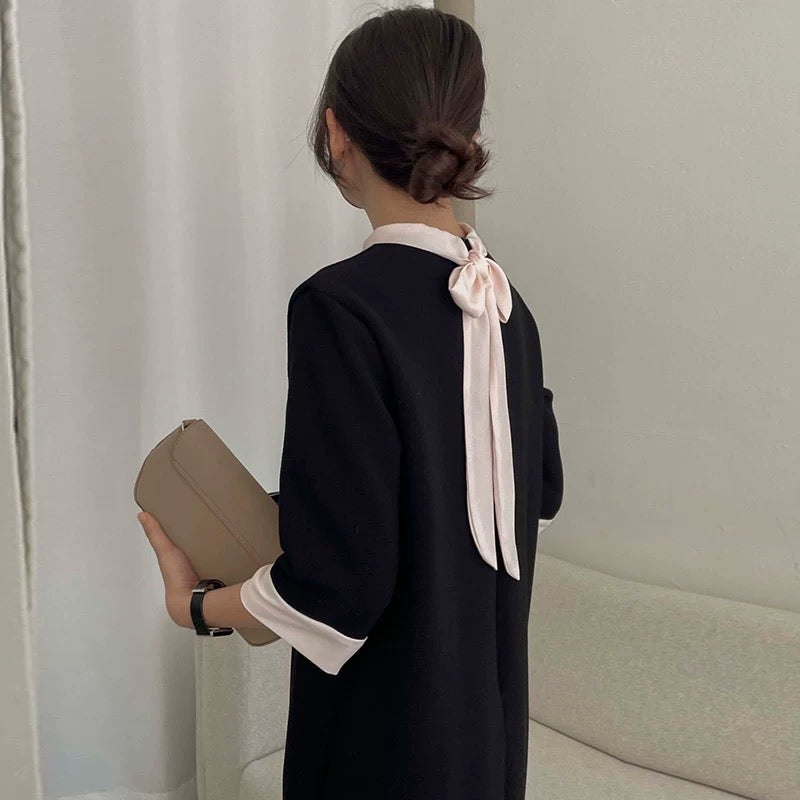 Elegant Stand-Up Collar Bow Dress
