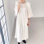 Round Neck Pleated Long Dress - PAINEVIDA