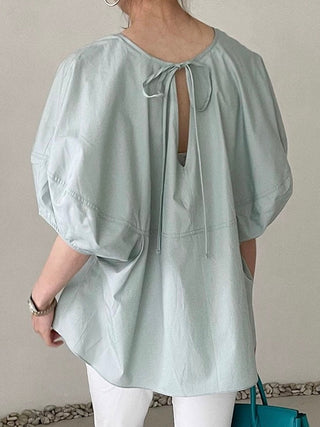 Round Neck Tie Balloon Sleeve Shirt by painevida