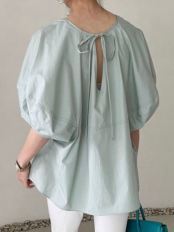 Round Neck Tie Balloon Sleeve Shirt