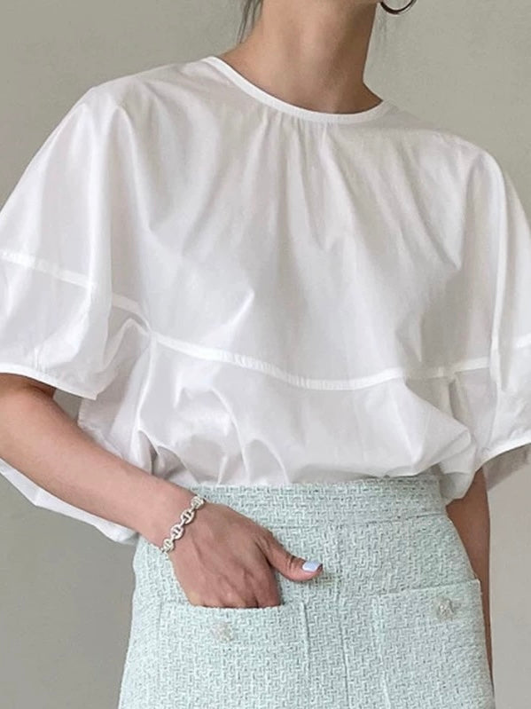 Round Neck Tie Balloon Sleeve Shirt