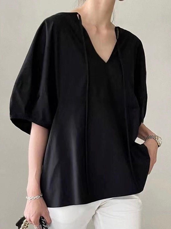 Round Neck Tie Balloon Sleeve Shirt