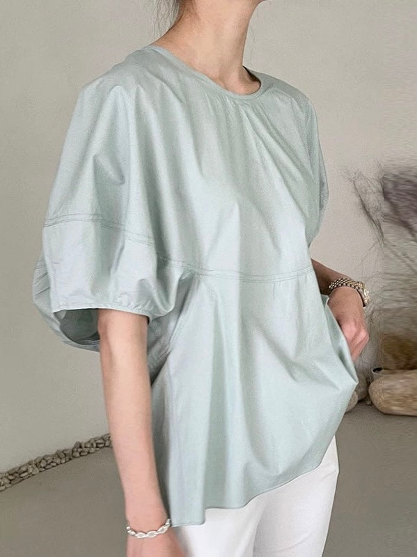 Round Neck Tie Balloon Sleeve Shirt by painevida