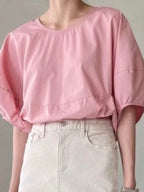 Round Neck Tie Balloon Sleeve Shirt by painevida