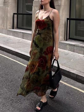 Vintage Floral Print V-Neck Slip Dress