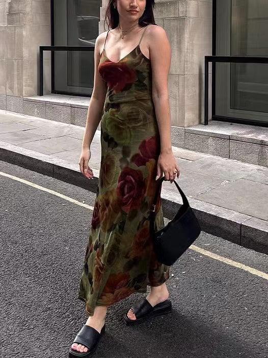Vintage Floral V-Neck Slip Dress - Maxi Length Sleeveless Dress