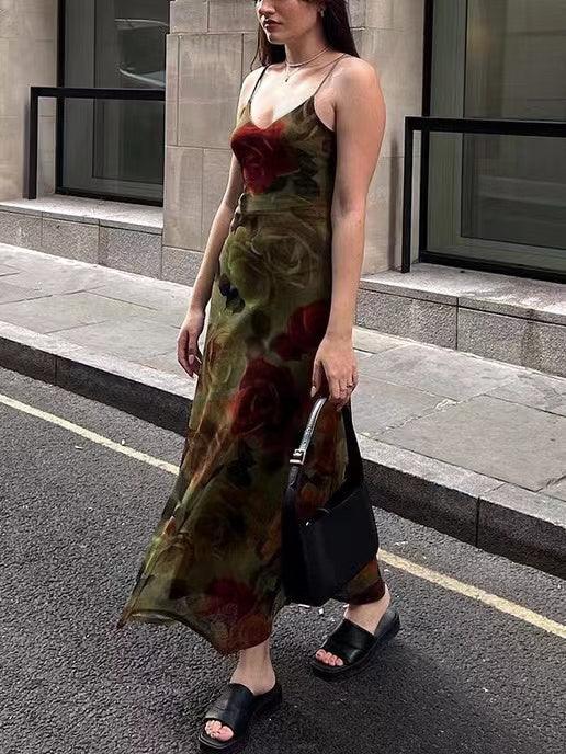 Vintage Floral Print V-Neck Slip Dress - PAINEVIDA