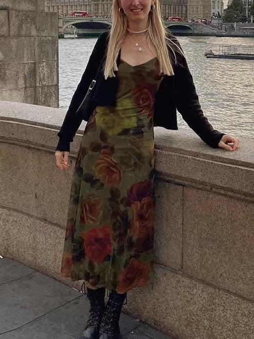 Vintage Floral Print V-Neck Slip Dress - PAINEVIDA