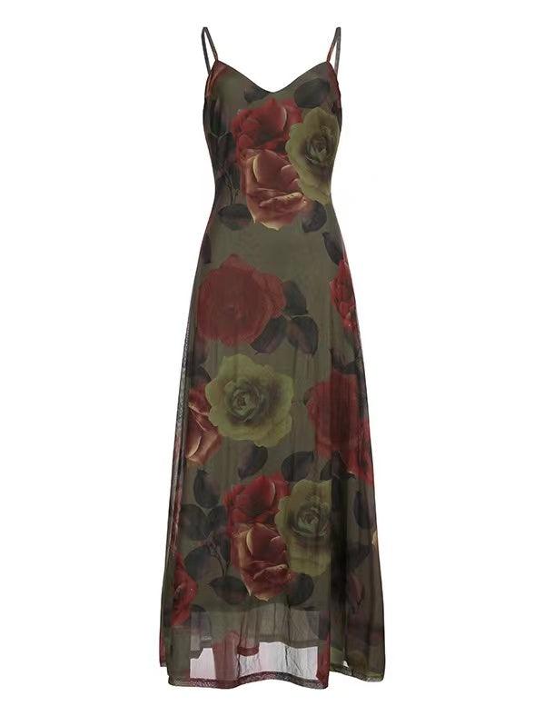 Vintage Floral Print V-Neck Slip Dress - PAINEVIDA