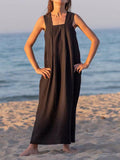 Loose Linen Square Neck Suspender Dress - PAINEVIDA