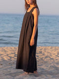 Loose Linen Square Neck Suspender Dress - PAINEVIDA
