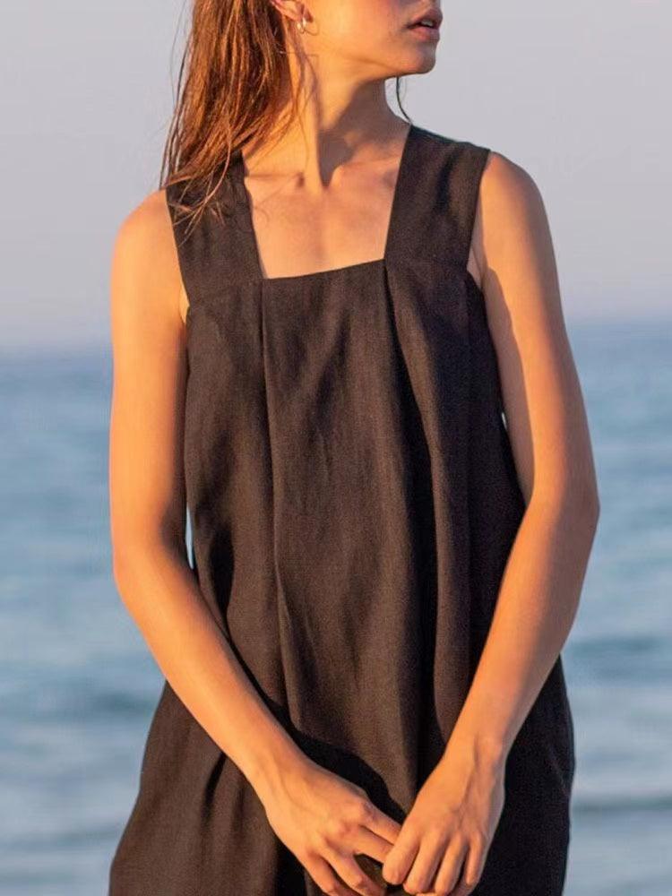 Loose Linen Square Neck Suspender Dress - PAINEVIDA
